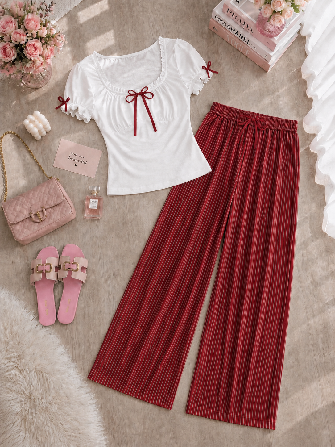 NO1274# Women bow detail pajama set wholesale thumbnail 3