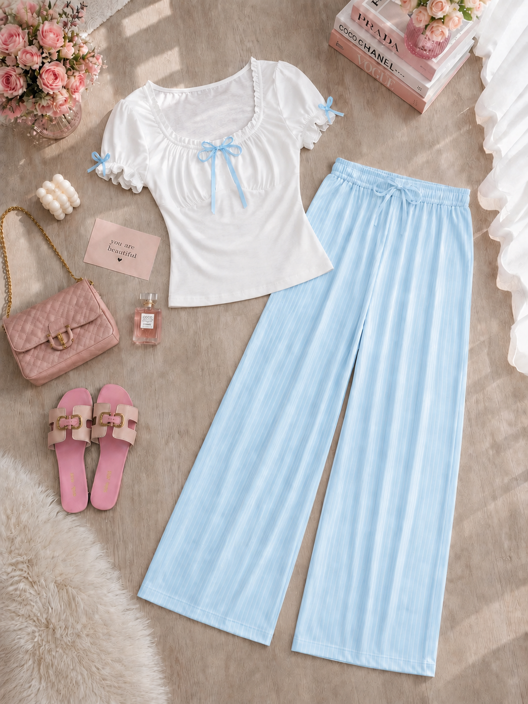 NO1274# Women bow detail pajama set wholesale thumbnail 4