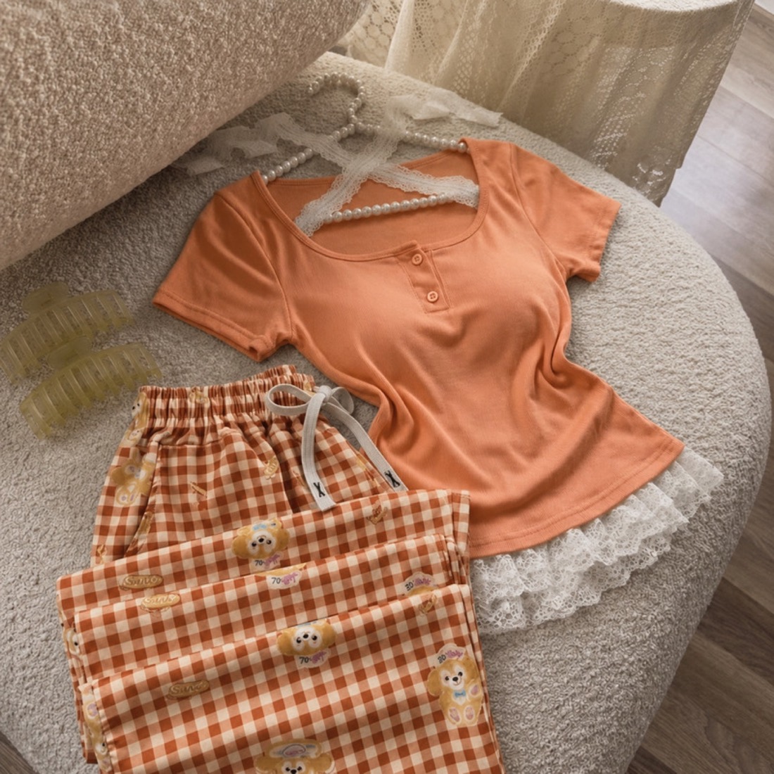 NO710# Women pink lace trim pajama set wholesale thumbnail 2