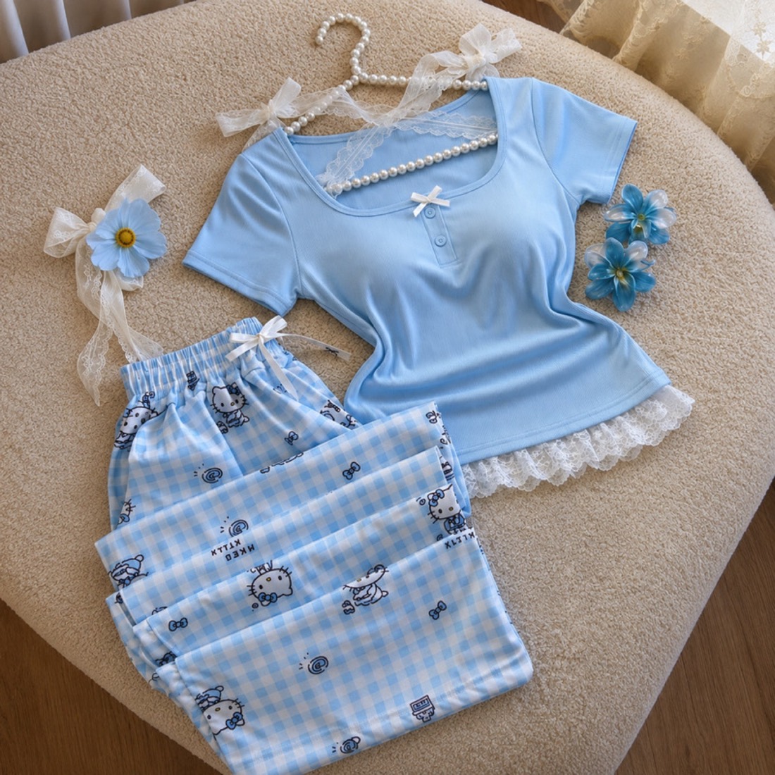NO710# Women pink lace trim pajama set wholesale thumbnail 4