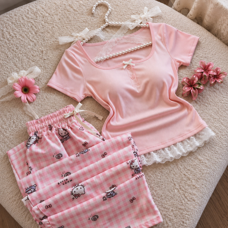 NO710# Women pink lace trim pajama set wholesale for Middle East wholesale buyers
