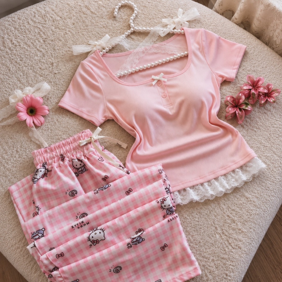 NO710# Women pink lace trim pajama set wholesale wholesale product image 1