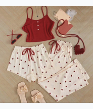NO716# Women red bow print three-piece sleepwear set wholesale for Middle East wholesale buyers